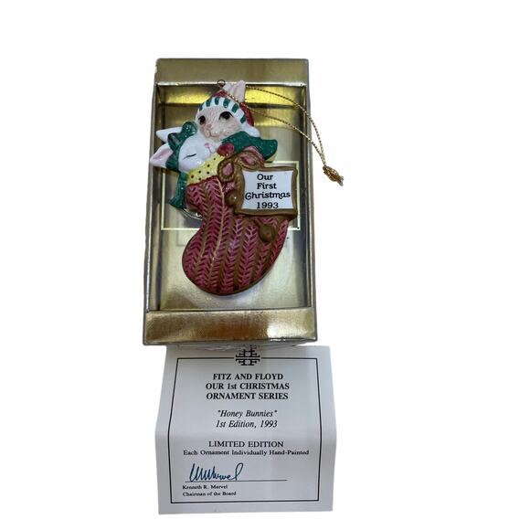 Fitz & Floyd Our 1st Xmas "Honey Bunnies" 1st Edition 1993 Ornament with Box - Picture 2 of 8